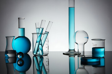 Laboratory glassware adorned with a minimalist background and containing blue liquid inside. Empty area for cosmetic product presentation