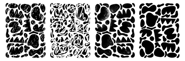 Poster - Set poster of hand drawn and doodle elements Different spots, drops of blots. Abstract black shape of doodle objects. Isolated on black background. Modern trend vector illustration