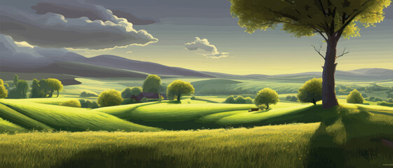 vector illustration of beautiful summer fields landscape with sunrise and single trees, green hill, 