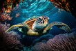 Meeresschildkröten schwimmen in der Unterwasserwelt, wunderschöne Unterwasser- und farbenfrohe Korallen in der wilden Natur des Pazifischen Ozeans , Generate Ai