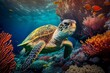 Meeresschildkröten schwimmen in der Unterwasserwelt, wunderschöne Unterwasser- und farbenfrohe Korallen in der wilden Natur des Pazifischen Ozeans , Generate Ai
