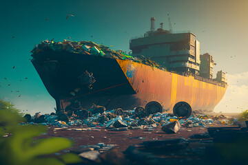 Wall Mural - Huge industrial ship loaded with various waste transports garbage for recycling. Generative AI