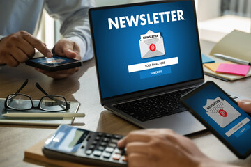 Poster - man signup page subscribe newsletter concept on tablet and smartphone screen on mobile