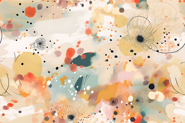 Wall Mural - Abstract seamless pattern in bright warm colors, with splashes and brush strokes. Generative AI.