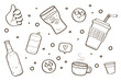 Set de ilustraciones dibujadas a mano de comida rápida, bebidas. Vector