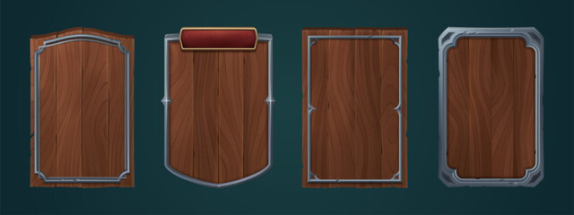 Poster - cartoon ui wooden texture fantasy game sign board. wood plank panel on dark background. isolated men