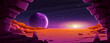 Alien red planet landscape, cave view cartoon background. Vector mars desert terrain surface game scene illustration. Rock on orange ground, purple sky with star fantasy universe horizontal wallpaper.
