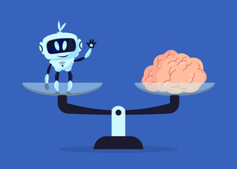 Poster - Comic robot and human brain on scales vector illustration. Cartoon drawing of balance or choice between human and artificial intelligence on blue background. Automation, AI, technology concept