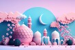 A 3d pink mosque and moon with a moon in the background. Generative AI