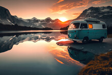 Sunrise Campervan Caravan Vehicle For Van Life Holiday On Mobile Home Camper Mobile Campervan For An Outdoor Nomad Lifestyle Camper Van Journey Camping In The Parking In The Sunset In Moutains