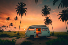 Sunrise Campervan Vw T1 Caravan Vehicle For Van Life Holiday On Mobile Home Camper Mobile Campervan For An Outdoor Nomad Lifestyle Camper Van Journey Camping In The Parking In The Palm Tree