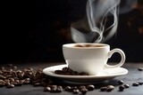 Fototapeta  - Aromatic White Coffee Cup on Wooden Table. Closeup with Background of Coffee Beans and Smoke