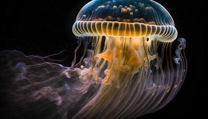 Translucent glowing jelly fish in deep sea neon cloral. Generated by AI.