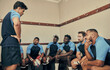 © Delcio/peopleimages.com - Locker room, motivation and rugby team with coach or captain in strategy discussion or game plan. Training, coaching and group of sports players planning teamwork with leader in cloakroom together.