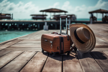 Wall Mural - Vintage  suitcases on wooden dock on the beach.  Generative AI.