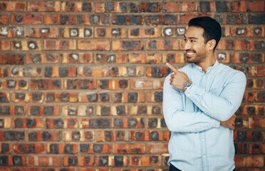 Poster - Pointing, mockup and smile with man and wall background for announcement, product placement and offer. Idea, news and deal with male and hand gesture with for information, empty space and opportunity