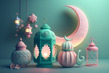 Poster - A collection of lanterns and lanterns with a moon in the background. Generative AI