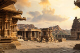 Ancient stone architecture city ruins at Vijaya Vittala temple complex at Hampi Karnataka, India at sunrise