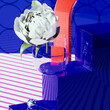 Macro image with Podium and Geometric Shapes and white flower in Blue Tones. Background design with staircase, red arch. Feature various products, serve as banner. 3d render, 3d illustration.