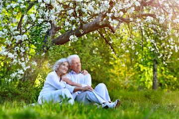 Poster - Elderly couple sits on the grass in summer