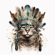 Warrior cat with chief headdress with feathers - Ai, Ai generative