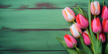 Tulip Border With Copy Space. Beautiful Frame Composition Of Spring Flowers. Generative Ai. Bouquet Of Pink Tulips Flowers On Green Vintage Wooden Background