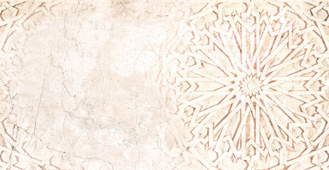 Poster - Grunge background with marble texture and ancient carved ornament, Morocco. Horizontal or vertical banner with ornament in Moroccan style. Mock up template