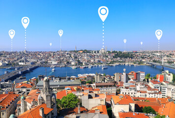 Wall Mural - Network connection concept. Aerial view on  Istanbul with location pin. Global positioning system pin map. Map pins with top view on Istanbu