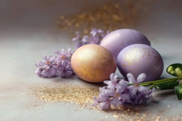  Golden Glitter and Lilac Blooms: A Stunning Easter Egg Composition. Generative Ai