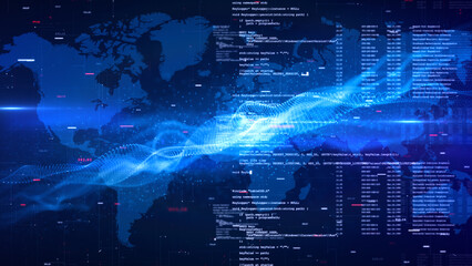 Fototapete - Typing code cyber security hacking, Internet network digital technology, Futuristic computer engineer programmer AI chatbot background concept. 3d rendering