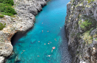 Wall Mural - view from above on the turquoise water and swimmers in a bay of the Adriatic in Puglia bordered by cliffs