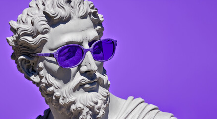 Wall Mural - Gypsum statue head in sunglasses on a purple background illustration