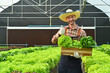 © Prathankarnpap - Portrait of caucasian farmer with beard in apron holding wooden crate full of a variety of organic vegetables standing in greenhouse