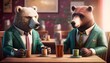 Two big bear dressed in suit havings drinks at an upscale bar. Relaxed nice environment. Generated by AI.