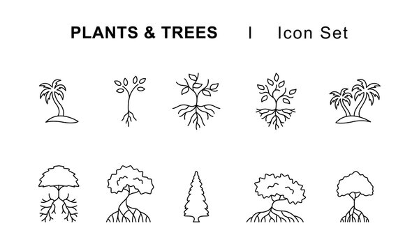 plants and trees icons set. editable stroke.