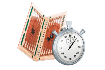 Poster - Backgammon, board game with stopwatch, 3D rendering