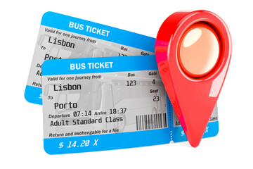 Sticker - Bus tickets with map pointer, 3D rendering