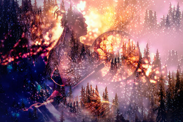 Poster - beautiful shamanic girl playing on shaman frame drum in the nature. Artist effect.