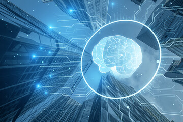 Poster - Glowing circuit brain hologram on blurry city background. Neural network. IQ testing, artificial intelligence virtual emulation science technology concept. Brainstorm think idea. Double exposure.