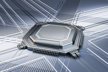 Poster - Creative empty silver chip on metal backdrop with lines. Mock up place. Technology and motherboard, computer and hardware concept. 3D Rendering.