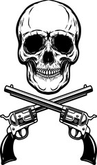 Wall Mural - Illustration of the cowboy skull with crossed revolvers. Design element for logo, label, sign, emblem. Vector illustration