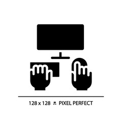 Sticker - Hands with computer pixel perfect black glyph icon. Person working on PC. Electronic equipment for work and hobby. Silhouette symbol on white space. Solid pictogram. Vector isolated illustration