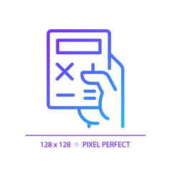 Wall Mural - Hand with calculator pixel perfect gradient linear vector icon. Device for counting. Office and school digital tool. Thin line color symbol. Modern style pictogram. Vector isolated outline drawing