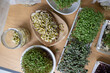 © Westend61 - Fresh homegrown herbs and sprouts on table at home