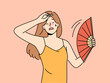 Unhealthy woman with handfan suffer from heatstroke during hot weather. Unwell girl with waver struggle with warm season sweat and melt. Vector illustration. 