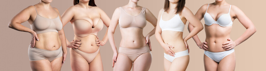beauty image of a group of women with different body shape, mixed female fat and thin models in ling
