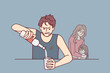 © drawlab19 - Drinking father sitting at table, pours vodka into glass, ignoring upset wife and little daughter. Alcoholic man with unshaven face drinks vodka, causing inconvenience to cohabitant and child