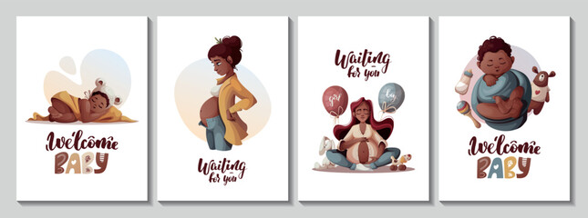 Set of cards with pregnant women, newborn babies, baby toys. Motherhood, Pregnancy, Childbirth, baby waiting, babyhood concept. Vector Illustration for poster, card, postcard, cover.