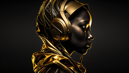 Black woman dressed in gold clothes and headphones created with generative AI technology