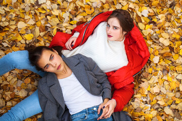 Poster - Top view - portrait of young beautiful girls in autumn park